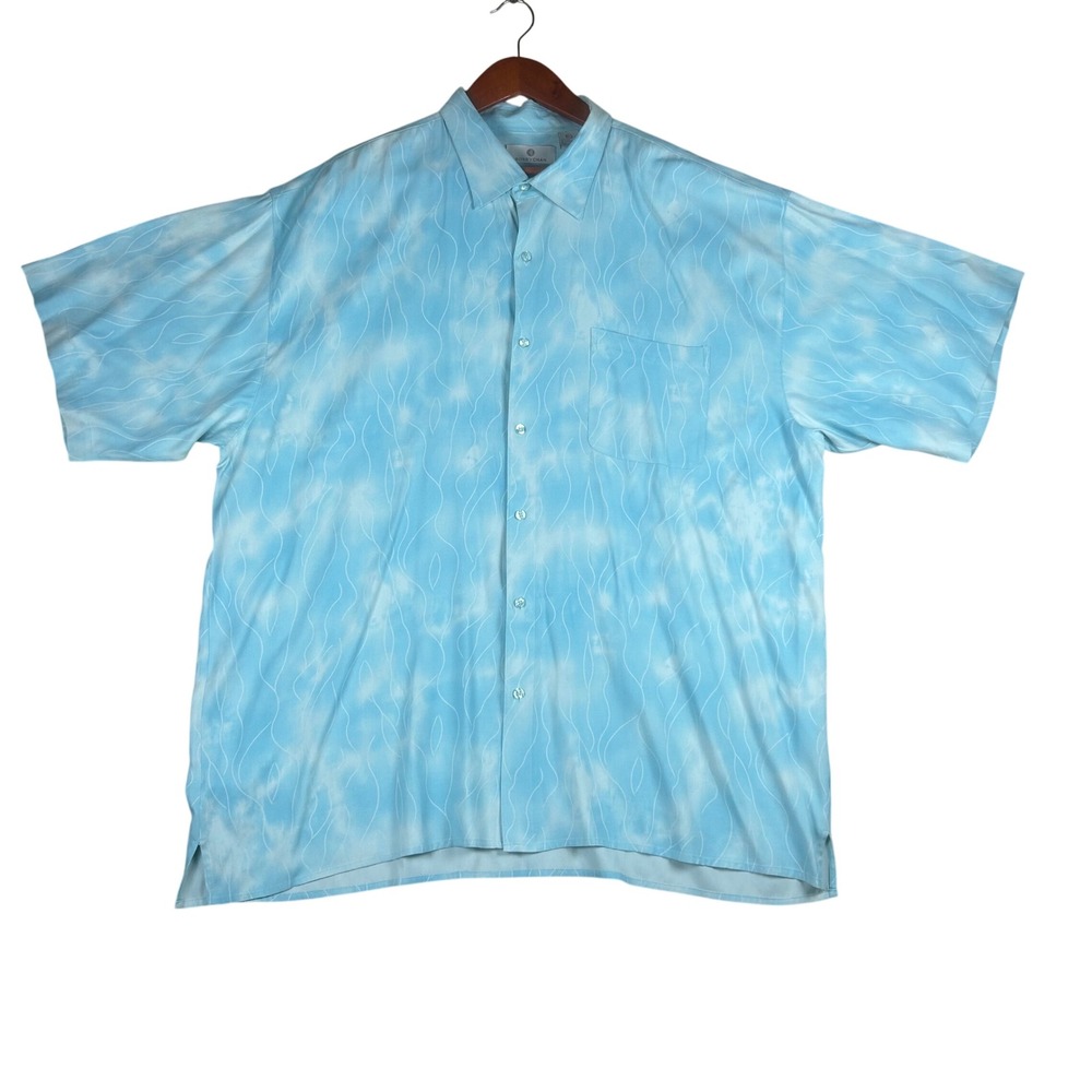Bobby Chan Mens XXL Silk Bamboo Short Sleeve Button Up Shirt Blue Abstract Wave